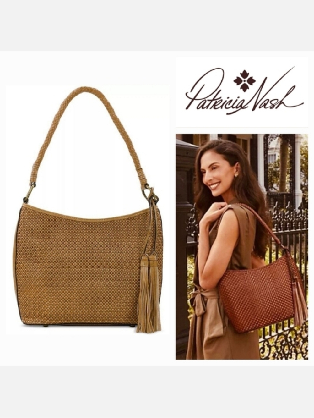 Patricia Nash Castelli Woven Leather Hobo Shoulder Bag Caramel Brown